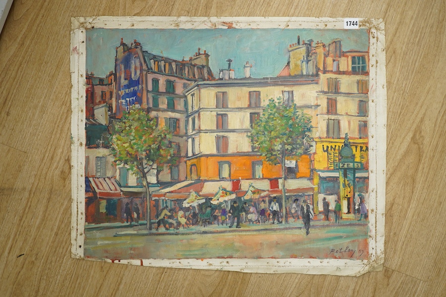Llewellyn Petley-Jones (1908-1986), oil on unstretched canvas, French street scene, ‘Rue Vaugirard et Bld du Montparnasse’, signed and dated '59, inscribed verso, 49 x 60cm